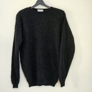 Vtg Angora Wool Blend Sweater Womens M Black LS Embellished Witchy Grandma Goth